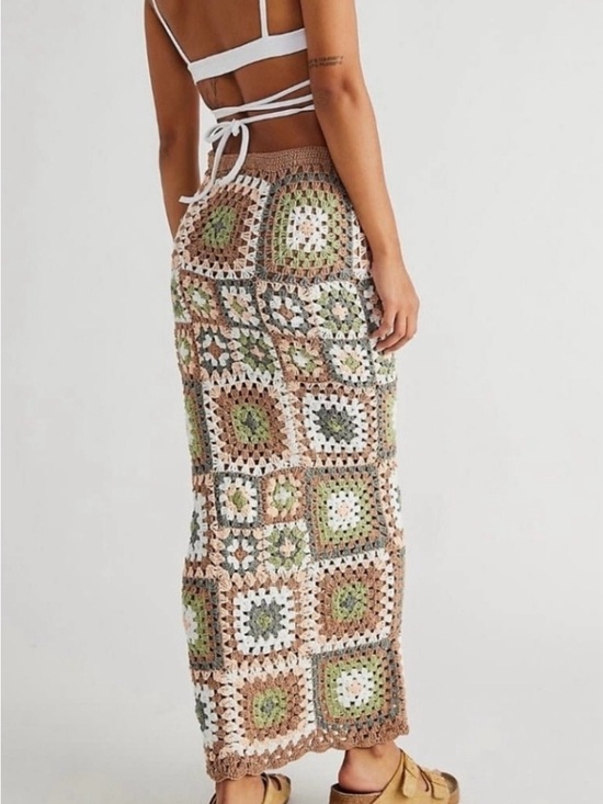 Free People Dresses & Skirts - Free People Crochet Patchwork Maxi Skirt in Beige, Green & White